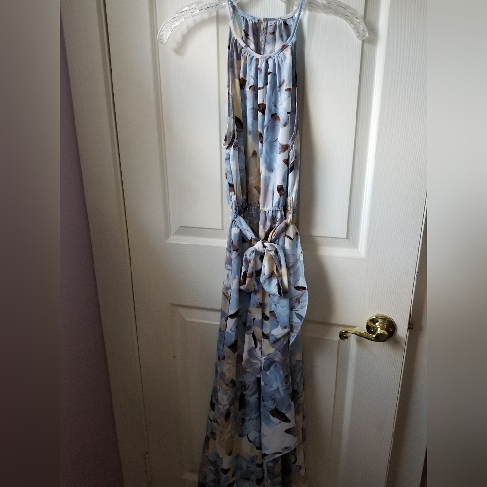 Light Blue Floral Maxi Dress with Tie Waist